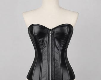 Genuine Leather Corset Top, Black Zip-Front Bustier, Strapless Steampunk Gothic Vest