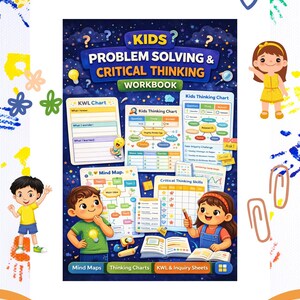 May include: A colorful workbook titled "KIDS PROBLEM SOLVING & CRITICAL THINKING WORKBOOK" with illustrations of children and educational charts. The cover features the title in large, bold letters, and the workbook includes mind maps and thinking charts.