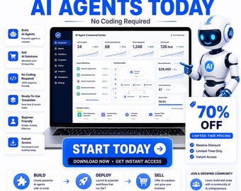 May include: A digital advertisement for an AI agent building platform featuring a laptop displaying a dashboard with analytics, a white robot with blue glowing eyes, and text including START BUILDING AI AGENTS TODAY, 70% OFF, and START TODAY.
