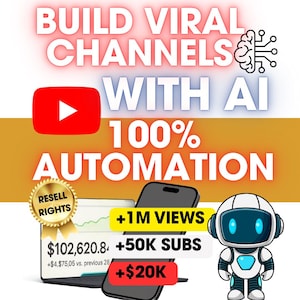 Puede incluir: Imagen promocional para la automatización de canales de YouTube con IA. Texto: "Build Viral Channels with AI 100% Automation." Incluye un logotipo de YouTube, datos financieros en un portátil y un gráfico de robot.