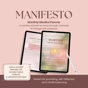 Manifesto Monthly Mindful Planner | Minimal Self Reflection Planner | Printable & Editable Canva Template | Digital Download | EN IT ES