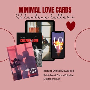 Può includere: Immagine di un prodotto digitale con biglietti d'amore minimalisti e lettere di San Valentino. I biglietti mostrano frasi come "Much Amore" e "Cosmic Love". Uno smartphone e un tablet mostrano la parola "LOVE". L'immagine include un cuore rosso e il testo: "Download digitale istantaneo."