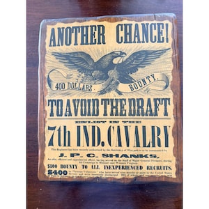 Antique 7th Indiana Cavalry Draft Enlistment Recruitment Sign On Wood Backing