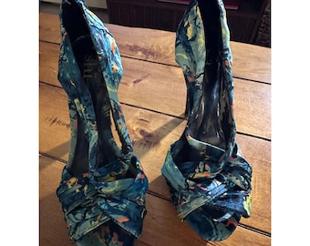 Shi By Journeys Womens Multicolor Abstract Print High Heels Open Toe Size 7