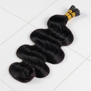 Extensiones de cabello humano con punta en I, ondas corporales, color negro natural. Extensiones de cabello humano con punta en I, 100 mechones por paquete.