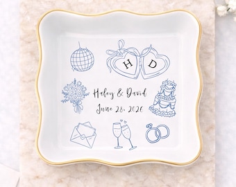 Bandeja personalizada para anillos de boda | Bandeja personalizada para baratijas de aniversario | Recuerdo de compromiso dibujado a mano