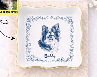 Plato de anillo con retrato de mascota personalizado | Bandeja de baratijas Toile de Joy personalizada para perro y gato