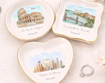 Plato para anillos con diseño de horizonte personalizado | Bandeja para joyas de compromiso personalizada | Recuerdo de boda con paisaje en acuarela