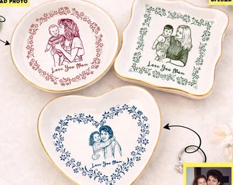 Plato de anillo con retrato de mamá y abuela personalizado | Bandeja de baratijas con foto familiar personalizada