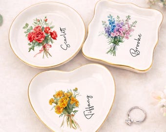 Plato de anillo de flor de nacimiento personalizado | Bandeja de baratijas de cumpleaños personalizada | Regalo de recuerdo de dama de honor