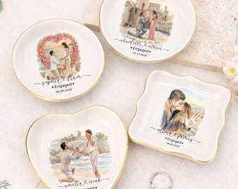 Plato para anillos con foto de propuesta personalizada | Bandeja para joyas de compromiso personalizada | Recuerdo de pareja con retrato en acuarela