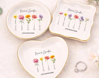 Plato de anillo de jardín personalizado para mamá | Bandeja de baratijas con flores de nacimiento personalizadas | Regalo del Día de la Madre para Nana
