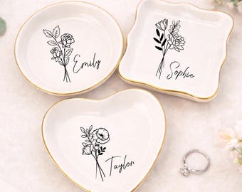Bandeja personalizada para anillos con forma de flor de nacimiento | Bandeja personalizada para joyas de cumpleaños | Regalo de recuerdo de compromiso