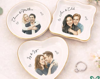 Plato para anillos con foto de acuarela personalizado | Bandeja para joyas con retrato de pareja personalizado | Regalo de aniversario