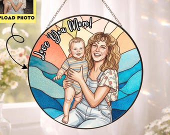 Atrapasueños personalizado con retrato de mamá y abuela | Foto familiar personalizada para colgar en la ventana | Regalo de vitral para el Día de la Madre