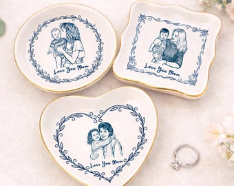 Plato de anillo con retrato de mamá y abuela personalizado | Bandeja de baratijas con foto familiar personalizada
