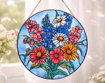 Atrapasueños de flores silvestres | Colgante floral colorido para ventana | Recuerdo de vitral
