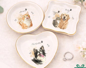Plato de anillo con foto de mascota personalizado | Bandeja de baratijas de cerámica con retrato de perro en acuarela personalizado