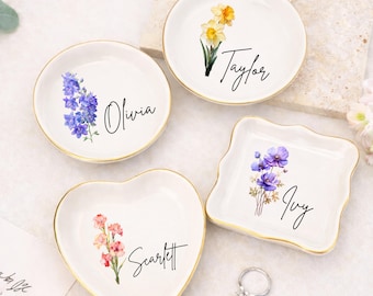 Plato de anillo de flor de nacimiento personalizado | Bandeja de baratijas de cumpleaños personalizada | Regalo de recuerdo de dama de honor