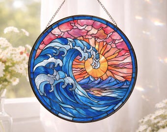 Atrapasueños de olas del océano | Colgante de ventana con efecto de vidrio costero | Decoración playera para el hogar