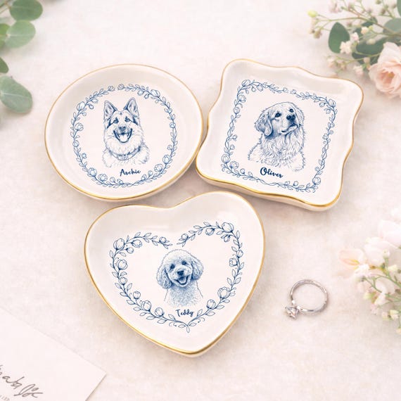 Personalized Pet Portrait Ring Dish l Custom Dog Cat Toile de Joy Trinket Tray