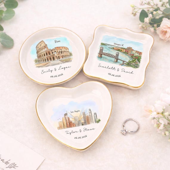 Custom Skyline Ring Dish l Personalized Engagement Trinket Tray l Watercolor Landscape Wedding Keepsake