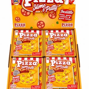 May include: A retail display box containing four individual Make Your Own Pizza Slime & Putty kits. Each box features a graphic of a pizza with melting cheese, a pizza cutter, and text stating it includes slime, putty, confetti, and a pizza cutter.