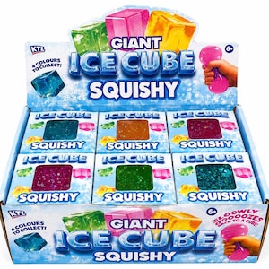 May include: A retail display box containing six individual Giant Ice Cube Squishy toys in various colours including blue, orange, purple, and green. The packaging features the text Giant Ice Cube Squishy, 4 colours to collect, and 6+ age rating.