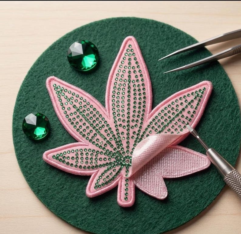 May include: A pink leaf-shaped patch embellished with green rhinestones, placed on a dark green felt circle. Two loose green faceted gems, a pair of metal tweezers, and a metal stylus tool are positioned around the patch.