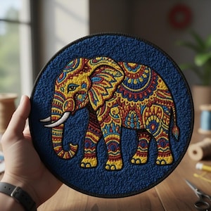 Könnte beinhalten: Ein runder, blauer, gestickter Aufnäher mit einem detaillierten Elefantenmuster. Der Elefant ist mit komplizierten Mustern in Gelb, Rot und Blau verziert. Der Aufnäher wird in einer Hand gehalten und zeigt die leuchtenden Farben und die Handwerkskunst.