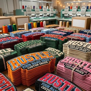 Pode incluir: Pilhas de patches bordados personalizados com a palavra "HUSTLE" em várias cores, incluindo vermelho, laranja, verde e rosa. Cada patch inclui o texto "YOUR NAME HERE CUSTOM ORDER". Bobinas de linha e máquinas de bordar são visíveis no fundo.