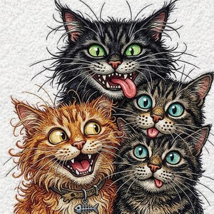 May include: A vibrant illustration featuring four cats with exaggerated expressions. The top cat is black with green eyes and a protruding tongue. Below, a tabby cat with blue eyes and two more cats with orange and tabby fur.