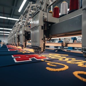 Puede incluir: Una escena industrial muestra varias m&aacute;quinas de bordado en funcionamiento. Las m&aacute;quinas est&aacute;n bordando dise&ntilde;os coloridos sobre tela azul marino. Se utiliza hilo rojo y amarillo para crear los dise&ntilde;os. Se ven bobinas de hilo de varios colores encima de las m&aacute;quinas.