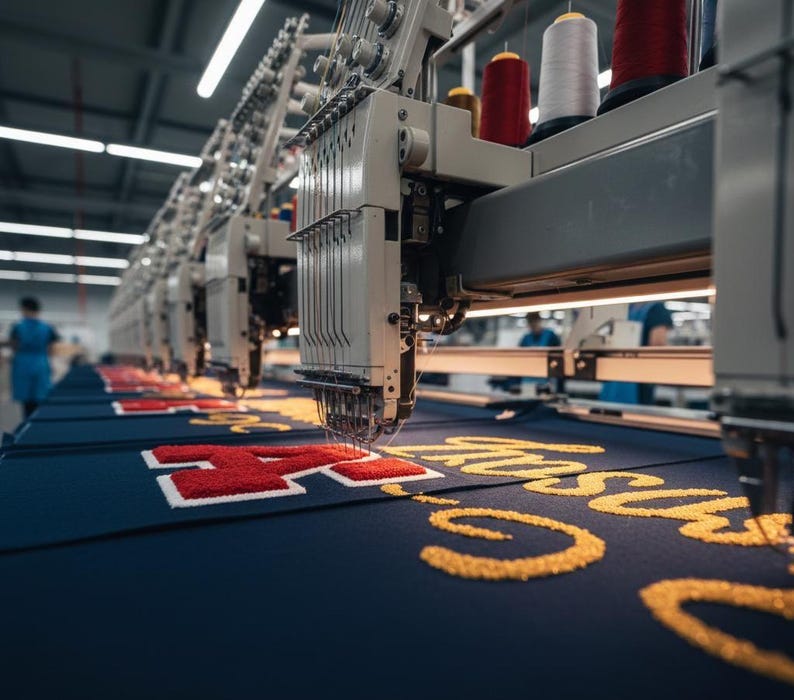 Puede incluir: Una escena industrial muestra varias m&aacute;quinas de bordado en funcionamiento. Las m&aacute;quinas est&aacute;n bordando dise&ntilde;os coloridos sobre tela azul marino. Se utiliza hilo rojo y amarillo para crear los dise&ntilde;os. Se ven bobinas de hilo de varios colores encima de las m&aacute;quinas.