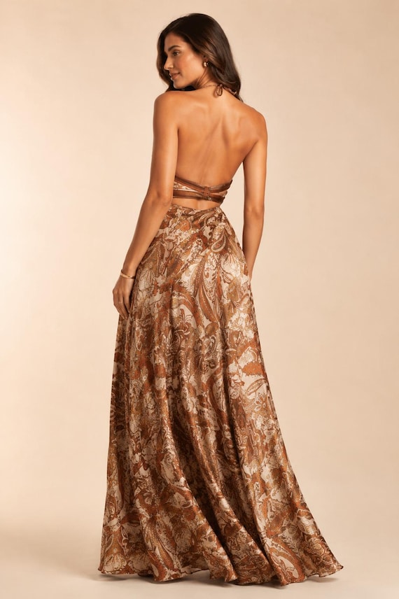 paisley backless dress Vintage Pleated Boho Strapless Maxi Brown Summer Beach Vacation Elegant Gown Dress Size:16 Best Sellers NH Week 41 2025 Mermaid Deep V-neck Backless Whether paired with sandals
