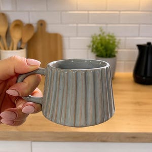 Handmade Ceramic Mug - Minimalist Ribbed Coffee Cup