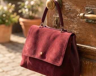Red Suede Leather Top Handle Bag – Woven Italian Style, Handmade