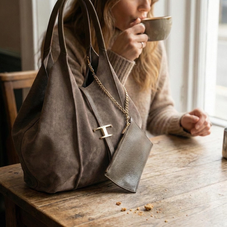 May include: A large, brown suede tote bag with a matching small pouch attached by a gold chain. The bag features a gold-colored clasp and is sitting on a wooden table. The bag has two handles and a soft, textured appearance.