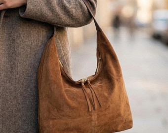 Handmade Suede Leather Shoulder Bag, Woven Detail, Customizable