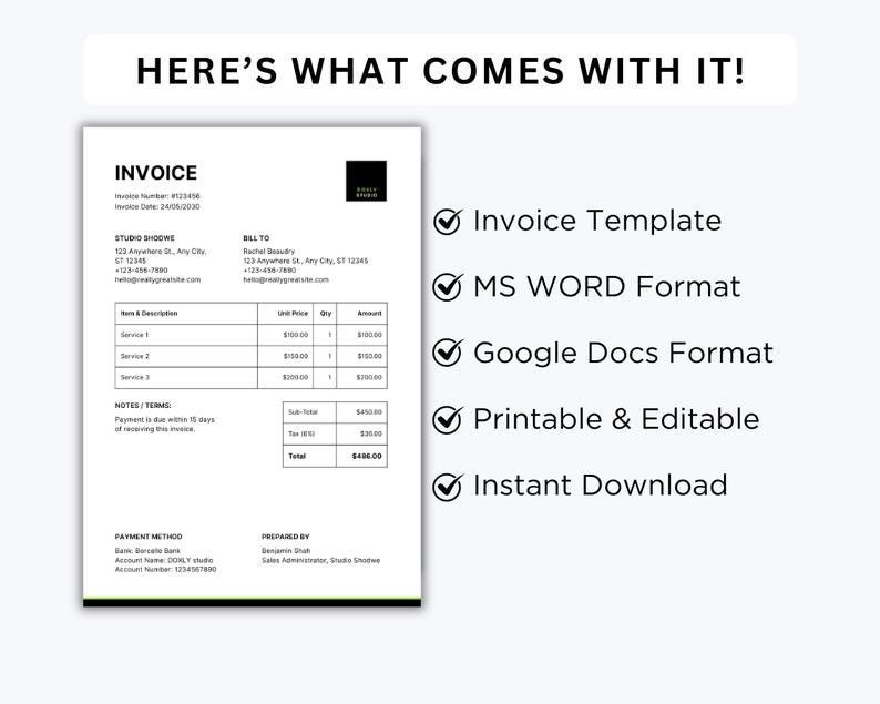 Editable Invoice Template | Small Business & Freelancer Billing Form ...