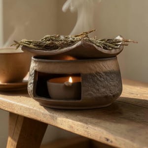 Handcrafted Ceramic Aroma Burner – Tea Leaf & Herb Diffuser, Candle Warmer Oil Burner, Rustic Brown Black Relaxation Gift