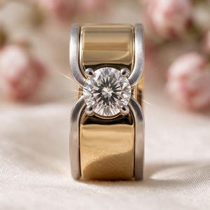 Puede incluir: Un anillo bicolor con una banda ancha de oro amarillo pulido, acentuada por bordes de metal plateado cepillado. Una gema transparente redonda de talla brillante está engastada en el centro mediante cuatro garras de metal plateado.