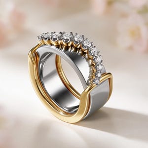 May include: A two-tone ring featuring a wide silver band layered with a curved gold band. The top section of the ring is adorned with a row of nine small, clear, round-cut stones set in a silver channel, creating a sparkling, multi-layered design.