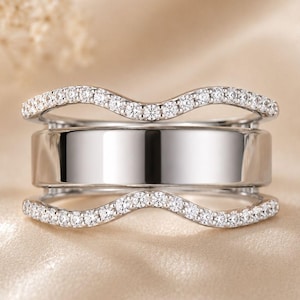 Sterling Silver Moissanite Wave Pavé Ring Enhancer, Stackable Curved Smart Ring Guard
