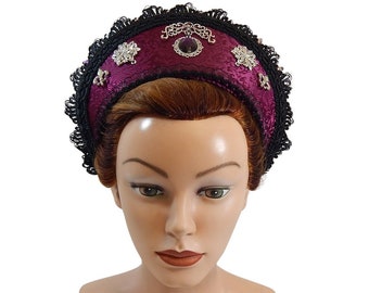 Rosa Jacquard Haube: Tudor Kopfschmuck, Mittelaltergewandung