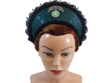 Grüner Jacquard Haube: Tudor Kopfschmuck, Mittelaltergewandung