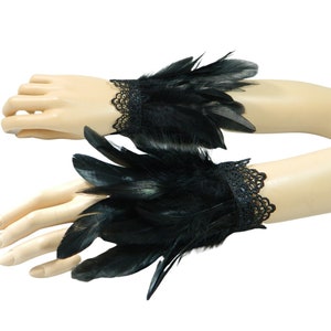 Pulseras de plumas, pulseras de disfraces, colgantes burlescos, joyas con plumas, puños de fusión tribal, samba, danza del vientre, disfraces de cuervo