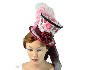 romantischer Midi Hut, Rosen Hut, Hut mit Blumen, rot weiß Headpiece, Cosplay Hut, Derby Hut, Hut mit Schleier, Kostüm Hut