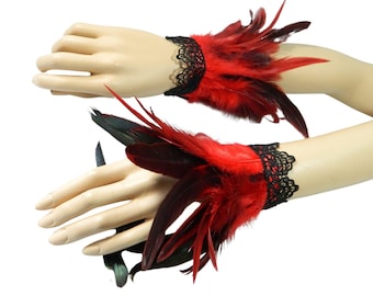 feather bracelets, costume cuffs, phoenix wristlets, burlesque dangles, costume jewelry, Festival Outfit, Firebird Fancy dress up