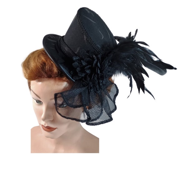 Midi Top Hat, Derby Hat, Goth Headpiece, Fascinator, Hatinator, Burlesque Headdress, Costume Hat, Victorian Dressing Hat, Bridgerton Hat